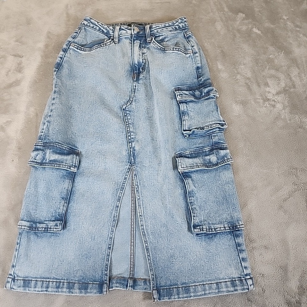 Wild Fable Skirt Womens Small Blue Denim Cargo Midi Front Slit Casual